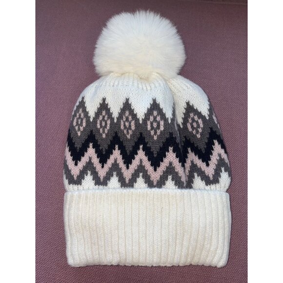 Hat Attack Fair Isle Beanie in Ivory Pink New Womens Winter Hat - Picture 4 of 7